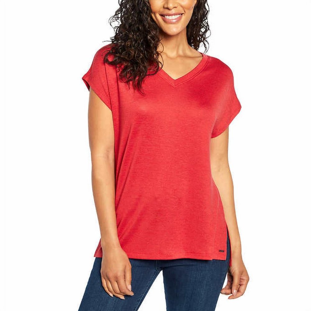Orvis Red V-Neck Cap Sleeve Boxy Medium Women's Tunic Shirt Blouse EUC